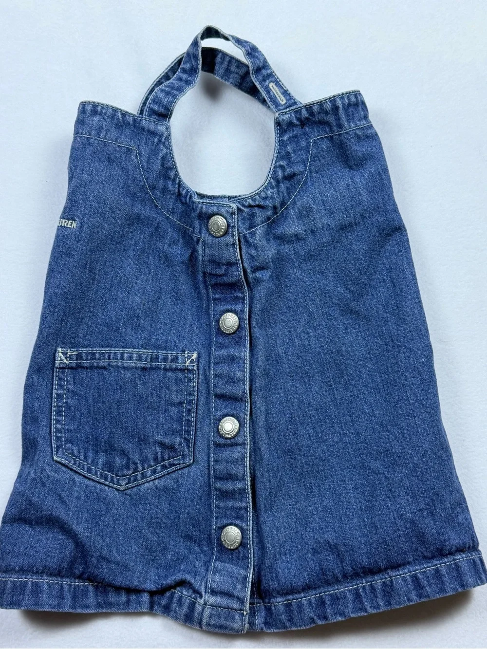 Ralph Lauren Baby Denim Jumper Dress Size 12-18M Embroidered Bear Blue Overalls